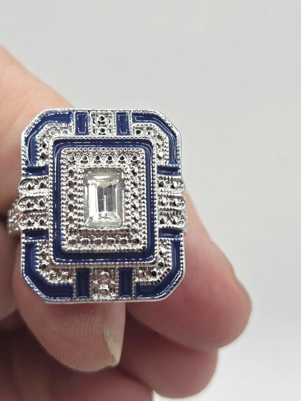 Art Deco-Style Silver Plated Cocktail Ring With Blue Enamel & Clear Emerald-Cut